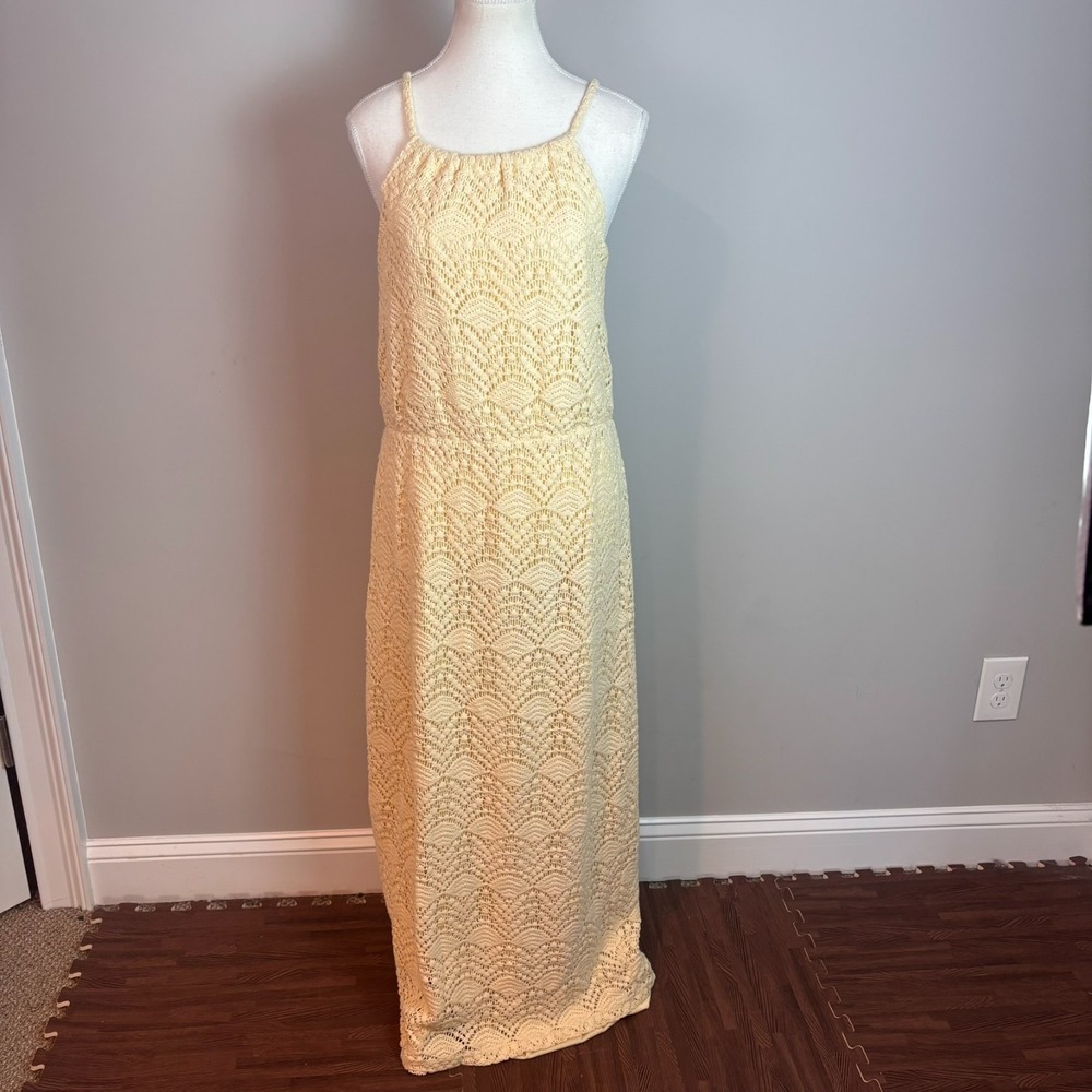 sharagano womens pale yellow crochet lined sleeveless maxi‎ dress sz 14 wedding